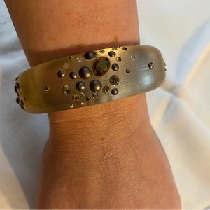 Alexis Bittar wide rhinestone hinged bangle bracelet, gold/beige